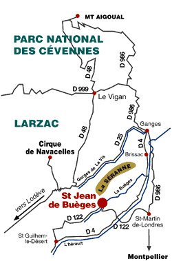 Carte de situation géographique - Saint-Jean-de-Buèges, Hérault, entre Montpellier et les Cévennes